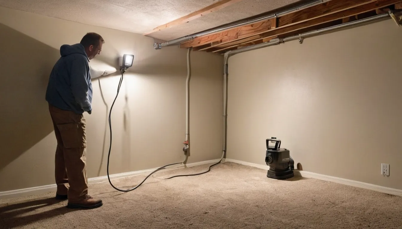 A provider inspecting a basement corner near a sump pump